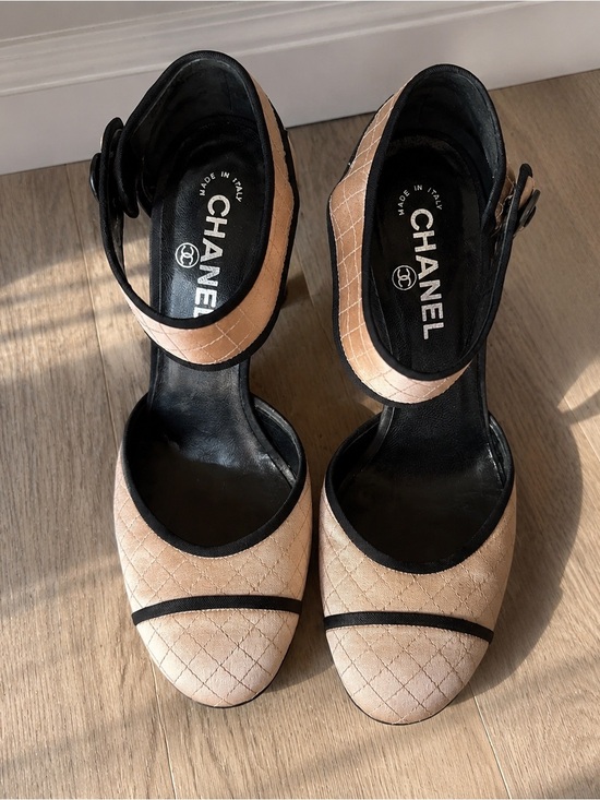 CHANEL Shoes - CHANEL Beige and Black Quilted Ankle-Strap Pumps